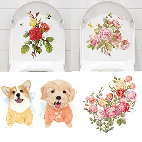 5Sheets Green Plant Leaves Flowers Toilet Stickers Self-Adhesive Toilet Lid Stickers Bathroom Wall Sticker Toilet Cover Decor Decal,Toilet Cover Decorative Sticker - color: Style-j