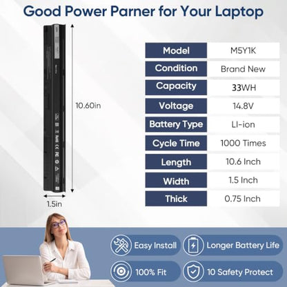 M5Y1K 14.8V Replacement Laptop Battery for Dell Inspiron 14 15 17 5000 3000 Series 5559 5558 3451 3558 i3558 3565 3567 5451 5755 5756 5458 5759 5758 GXVJ3 WKRJ2 VN3N0 991XP P63F P47F P51F P52F - size: 10.6*1.5*0.75inch M5Y1K