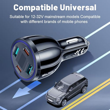 USB C Car Phone Charger Adapter with Voltmeter Compatible with iPhone 16 15 14 13 12 11, Android, Samsung, 100W 4 in 1 Multi-Port Fast Charging Cigarette Lighter USB Charger (Black) - color: Black