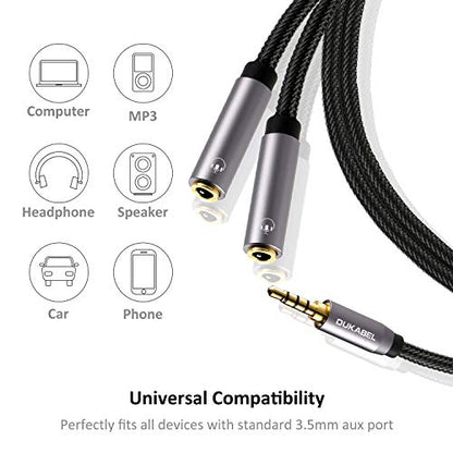 DUKABEL Headphone Splitter, Strong Braided & Gold-Plated 3.5mm Stereo Audio Y Splitter Cable 4-Pole Male to 2-Female Port Audio Stereo Cable Dual Headphone Jack Adapter Top Series - size: 11inch / 26cm