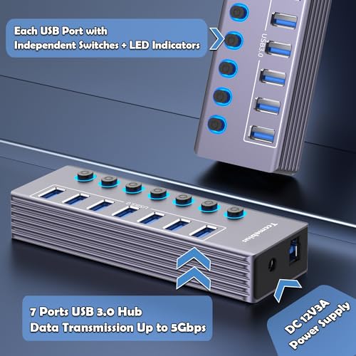 Powered 7-Port USB 3.0 Hub, USB C to 7 Ports USB Data Hub Splitter with Individual LED On/Off Switche, 3.3FT Cable, 12V/3A Power Adapter, for Laptop MacBook Pro/Air PC (Aluminum Gary)