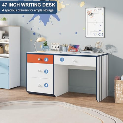 Modern Small Desk with 4 Drawers, 47 Inch Computer Desk with Storage & Soccer Shaped Handle, Wooden Student Study Writing Table for Bedroom, Small Space, White/Blue
