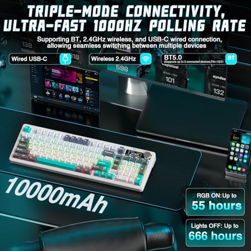 LINGBAO K98 PRO 96% Wireless Mechanical Gaming Keyboard with Screen & Knob | Tri-Mode BT5.0/2.4G/USB-C, Gasket Mount Hot Swappable Linear Switches, RGB Backlit Creamy Sounding for PC/Mac Office& Gaming - color: K98Pro | 10000mAh | White Blue Grey