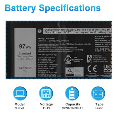 97Wh 9JRV0 Laptop Battery Replacement for Dell Latitude 5521 5531 Precision 3571 3561 3581 3591 Alienware M17 R5 M18 R1 R2 Series 05RGW 005RGW 53XP7 053XP7 - size: 10.71*3.94*0.59inch 9JRV0