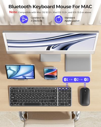 seenda Bluetooth Keyboard and Mouse Combo for Mac, SKM64-2 Rechargeable Silent Wireless Keyboard Mouse Compact Slim, 3 Multi-Device Connection, Compatible for Mac MacBook Pro/Air iPad, Black Gray - color: Black Gray
