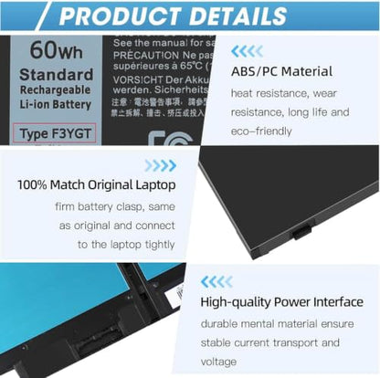 60Wh F3YGT Battery Latitude 7480 Battery Replacement Latitude 7490 Battery | for Dell Latitude 12 7000 7280 7290/13 7000 7380 7390 P29S002/14 7000 7480 7490 P28S P73G Series DM3WC 0DM3WC DM6WC 7.6V - size: 9.28*4*0.23inch F3YGT