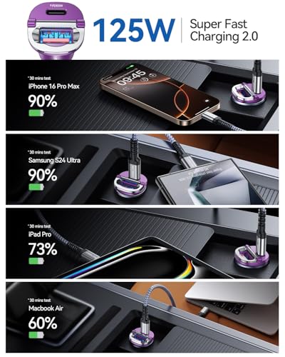 MRGLAS【Upgraded】 125W USB C Car Charger Super Fast Charging for iPhone 17 | [PD65W & QC60W][All Metal] Cigarette Lighter Car Charger,Dual Port for iPhone 16 15 Pro iPad Samsung S25/S24 MacBook-Purple - color: Purple
