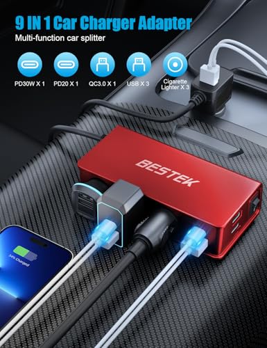 BESTEK 148W Cigarette Lighter Splitter 9 in 1 Cigarette Lighter Adapter with 3-Socket PD 30W and QC3.0 18W Charging Ports LED Display Super Fast Charger for Dash Cam, GPS, iPad/Laptop/Phone（Red） - color: Red