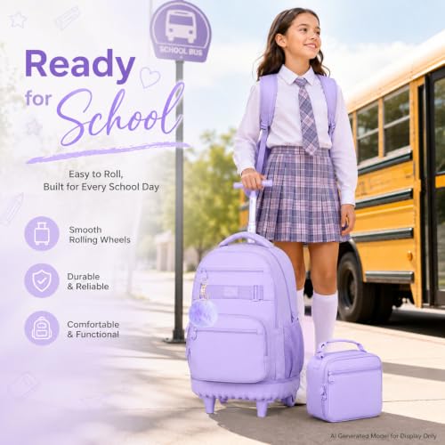3Pcs Rolling Backpack for Girls Women, 19 Inche School Roller Backpacks with Wheels, Adults Wheeled Bookbag with Lunch Box(Purple) - color: Classic Purple