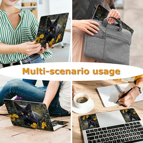 Universal Laptop Skin Sticker with 2 Wrist Pad Decals, 3-Piece Removable Vinyl Laptop Cover, Black Cat Sunflower Waterproof Anti-Scratch, Easy-Trim Fit for 13.3" 14" 15.6" Laptops - color: Black Cat Sunflower