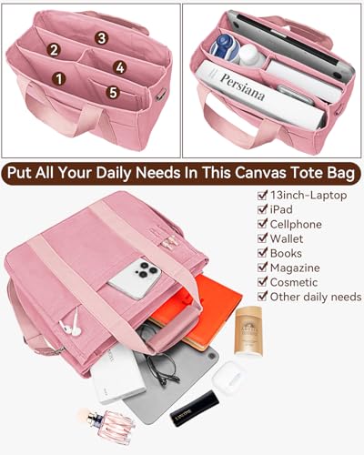 Canvas Tote Bag with Multi-Pocket for Women Large Crossbody Shoulder Handbag Everything Tote Bag with Compartments - color: Pink, size: X-Large
