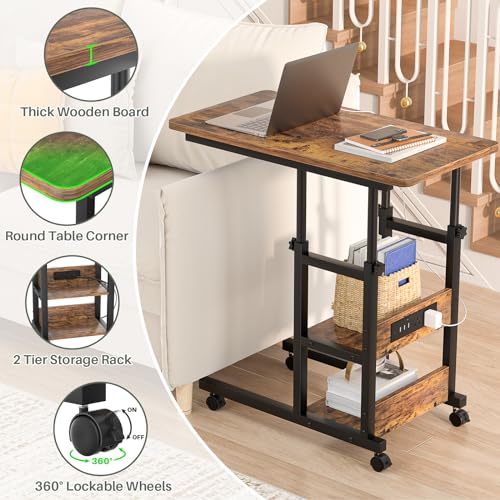 Height Adjustable End Table with Charging Station, Mobile C Shaped Laptop Side Table with Wheels, 3-Tier Sofa Couch Table with Storage Shelve for Living Room Bedroom, Rustic Brown - color: Rustic Brown