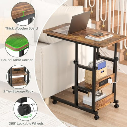 Height Adjustable End Table with Charging Station, Mobile C Shaped Laptop Side Table with Wheels, 3-Tier Sofa Couch Table with Storage Shelve for Living Room Bedroom, Rustic Brown - color: Rustic Brown