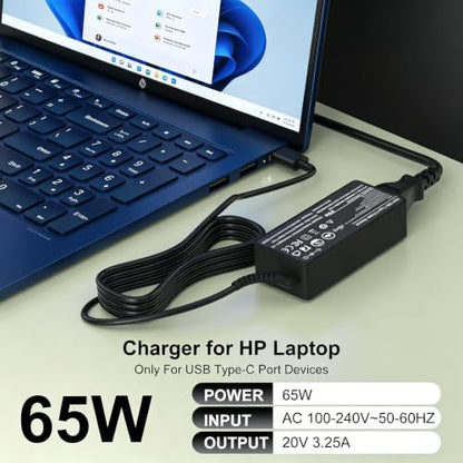 65W USB C Charger Compatible with HP EliteBook ProBook Chromebook | EliteBook 830/840/860/640/1040 G8-G11; ProBook 440/450/460 G8-G11 Fast Charging AC Adapter