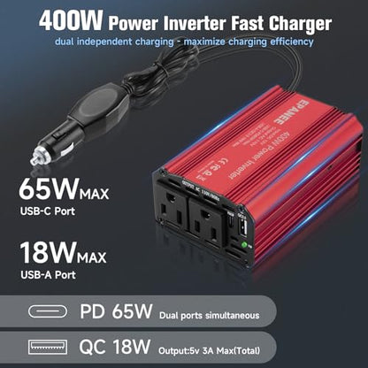 400W Power Inverter 12V DC to 110V AC, Car Charger Plug in Adapter Outlet with PD 65W USB-C&QC 18W Port, Portable Power Converters for Laptop Vehicles Camping Road Trip Essentials Adults - color: RED