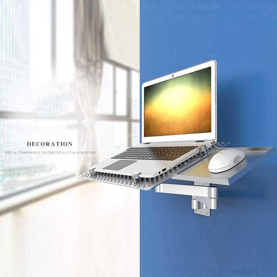 Monitor and Computer Stand, Wall Mount Computer Stand Extra Long Arm Stand with Tray, Ventilated Cooling Platform, Laptop Tray, Full Motion Articulating Laptop Tray