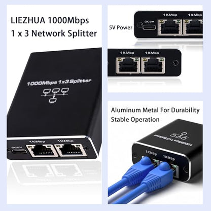 LIEZHUA Upgrade Ethernet Splitter 1 to 3 High Speed 1000Mbps, LAN with USB Power Cable, RJ45 for Cat5/5e/6/7/8 Cable Gigabit Internet [3 Devices Simultaneously Networking] | 3 Devices Networked Simultaneously ,1000 Mbps Multi-port network Splitter with US