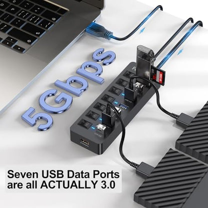 Powered USB Hub 4ft Cord for PC, 7 USB3.0 Data Ports and 1 Smart Charging Port with Power Adapter & Individual Switches for MacBook Pro/Air/Neo Laptop Desktop Computer Mini PC