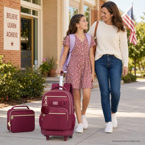 3Pcs Rolling Backpack for Girls Women, 19 Inche Adults Roller Backpacks with Wheels, School Wheeled Bookbag with Lunch Box(Wind Red) - color: Wine Red