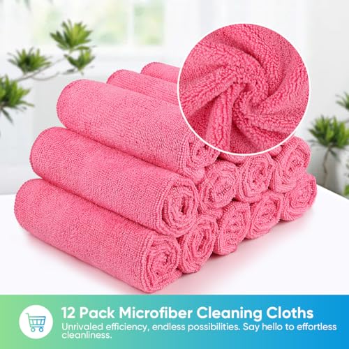 HOMEXCEL Pink Microfiber Cleaning Cloth, 12 Pack Premium Microfiber Towels for Cars, Lint Free, Scratch-Free, Highly Absorbent, Reusable Cleaning Rags for Car, Household, Kitchen, Window, 11.5"X11.5" - color: Pink