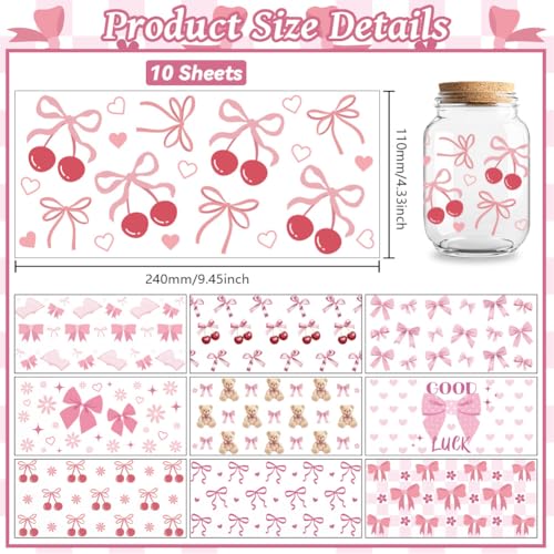 UV DTF Cup Wraps Transfer Stickers Bows Pattern, 10 Sheets Waterproof Custom Vinyl Transfer Sticker 16oz Coffee Glass Cup Tumbler Bottle Mug Decals for Men Women | Waterproof UV DTF Stickers, Custom Vinyl Decals for 16oz Coffee Cups Tumblers Bottles Mugs,