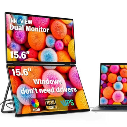 InnoView Dual Portable Monitor 15.6" 1920x1080 Dual Stacked Foldable Monitor | 315° Screen Adjustment | USB-C/HDMI Dual Screen Monitor for Laptop, Mac, Windows - size: 15.6 inch