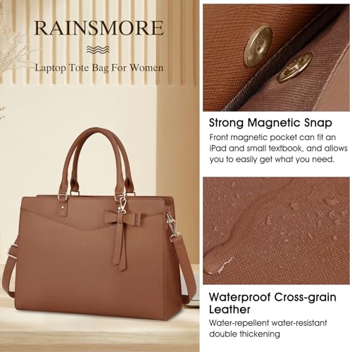 RAINSMORE Laptop Bag for Women 15.6 Inch PU Leather Laptop Tote Professional Business Office Work Bag Waterproof Briefcase Computer Tote Bag Large Lightweight Handbag Shoulder Bag - color: Dark Brown