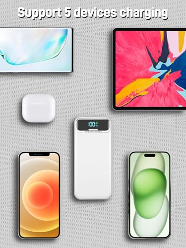 Nusyddy Portable Charger 20000mAh Fast Charging w/Built-in Wall Plug White | 22.5W Fast Charging, High Capacity, LED Display, Charge 5 Devices at once, TSA Approved, Compatible with iPhone/Samsung - color: Pearl