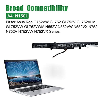 A41N1501 Laptop Battery Replacement for Asus Rog G752VW GL752 GL752JW GL752V GL752VLM GL752VW GL752VW-DH74 GL752VWM N552 N552V N552VW N552VX N752 N752V Series A41LK9H L41LK2H 15V 48Wh 3100mAh - size: 9.8*3.5*1.6inch A41N1501