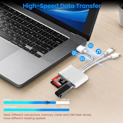 SD Card Reader for iPhone iPad Mac, USB-C & Lightning & USB-A 3-in-1 MicroSD/SD Adapter, High-Speed Plug & Play USB C Memory Card Reader for Digital Camera Trail Camera, USB-A Laptop Computer