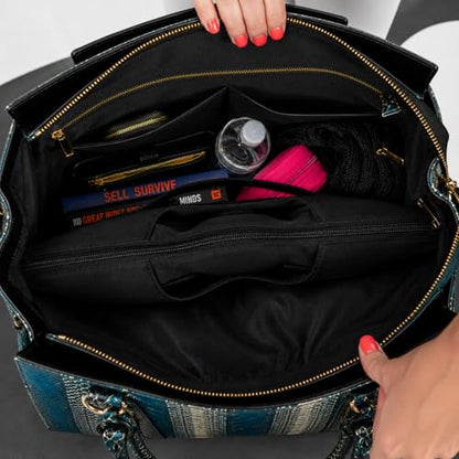 Rolling Laptop Bag for Women with Wheels & Handle Luxury Pure Leather Embossed Work Bag with Laptop Sleeve Travel Briefcase - color: Teal & Shadow