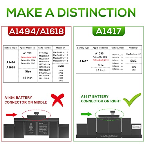 TREE.NB A1417 Battery for MacBook Pro A1398 (Mid 2012 & Early 2013) Battery Replacement to MacBook Pro 15-inch Retina (Mid 2012, Early 2013 Version) - EMC 2512 or 2673 10.95V/95Wh - size: ‎12.99x4.65x0.39inch A1417