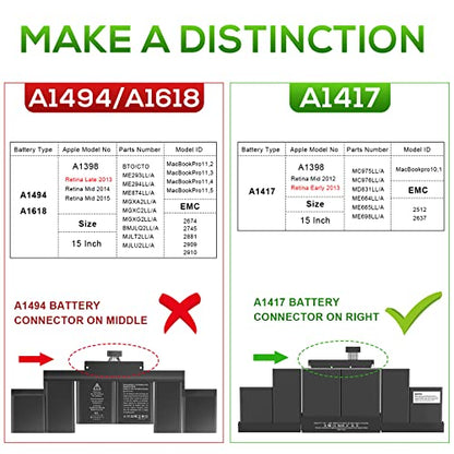 Fancy Buying A1417 Laptop Battery Replacement for MacBook Pro A1398 (Mid 2012 & Early 2013), Apply to MacBook Pro 15 inch Retina (Mid 2012, Early 2013 Version) - EMC 2512 or 2673 - size: 12.99*4.65*0.39inch A1417