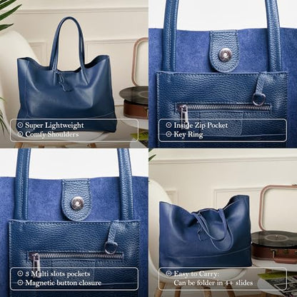 Italian Leather Tote Bag for Women - Large Shoulder Shopper, Fits 16” Laptop, Keychain Holder, Made in Italy - color: Navy Blue