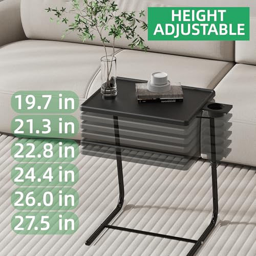 Adjustable TV Tray Table for Breakfast & Dinner - Black Folding Couch Desk with Cup Holder, Portable Eating Tray for Sofa, Bed, Living Room - 6 Height & 3 Angle Adjustments