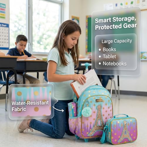 School Bags Kids Rolling Backpack for Girls Kids Luggage Suitcase With Wheels - color: Sky Blue-l