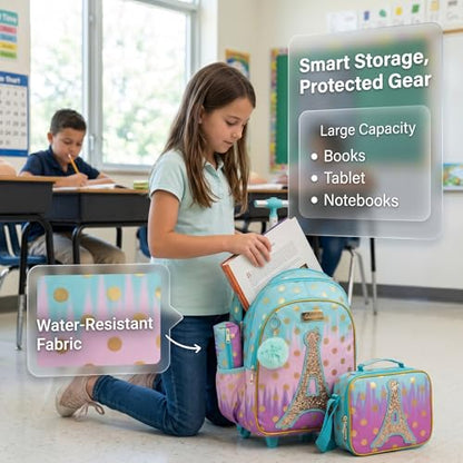 School Bags Kids Rolling Backpack for Girls Kids Luggage Suitcase With Wheels - color: Sky Blue-l