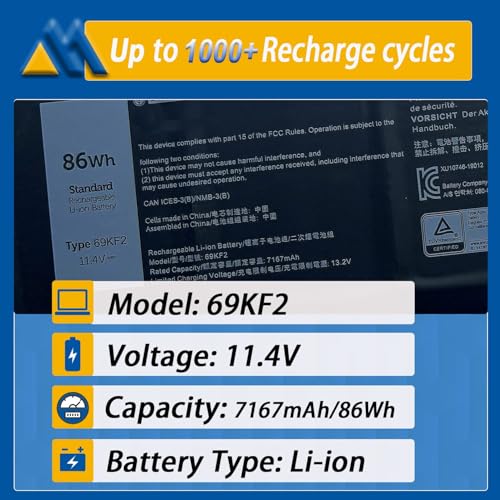 86Wh 69KF2 6-Cell Battery Replacement for Dell XPS 15 9500 9510 9520 G15 5510 5511 5515 5520 5521 Precision G5 G7 G16 M15 R3 R4 R5 R6 R7 M17 R3 R4 Inspiron 7510 7610 7620 P87F P91F 8FCTC 11.4V - size: 11.93*3.32*0.34 inch 69KF2