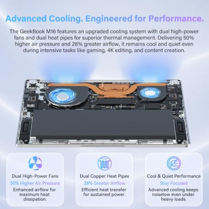 GEEKOM GeekBook M16 Laptop, 16" IPS Laptop Computer for Business & Office, 55W TDP Intel Core Ultra 9, 99.9Wh Battery, Quiet Dual-Fan Cooling, 16GB LPDDR5 RAM, 512GB SSD, 100W PD, USB4, Windows 11 Pro