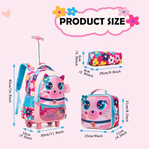 Kids Big-Eyed Cat Rolling Backpack for Girls, School Bags Pink | Trolley Suitcases Luggage Travel with Wheels, Wheeled 3PCS Roller Backpacks Set, Toddler Back Pack, School Bags Elementary - color: Pink-0121-maomi