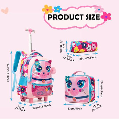 Kids Big-Eyed Cat Rolling Backpack for Girls, School Bags Pink | Trolley Suitcases Luggage Travel with Wheels, Wheeled 3PCS Roller Backpacks Set, Toddler Back Pack, School Bags Elementary - color: Pink-0121-maomi
