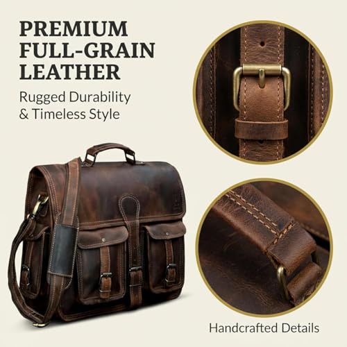 Leather Briefcase Work Bag for Men Women Dark Brown Crossbody Genuine Leather Satchel Office Bag for Men Women 18 Inch Computer Travel Messenger Laptop Shoulder Bag Cureo - size: 18 Inch