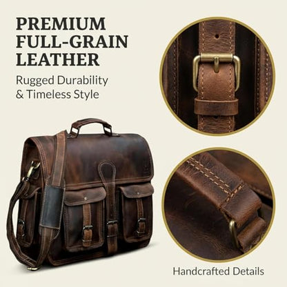 Leather Briefcase Work Bag for Men Women Dark Brown Crossbody Genuine Leather Satchel Office Bag for Men Women 18 Inch Computer Travel Messenger Laptop Shoulder Bag Cureo - size: 18 Inch