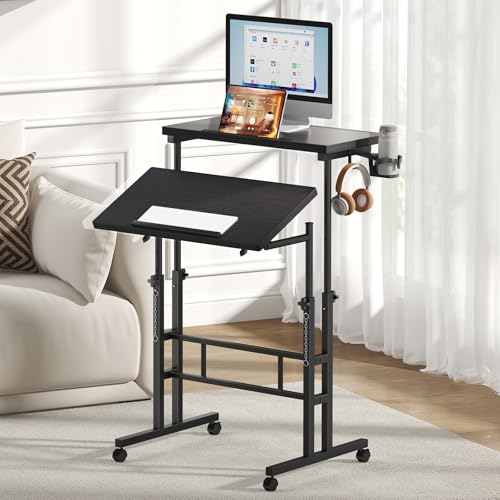 DUMOS Rolling Standing Desk, Sit Stand Desk, Computer Cart | 23.6 Inch Width, Height Adjustable, Split Top, Mobile Laptop Workstation, Office Table, Portable Design, Black - color: Black, size: 23.6 Inch