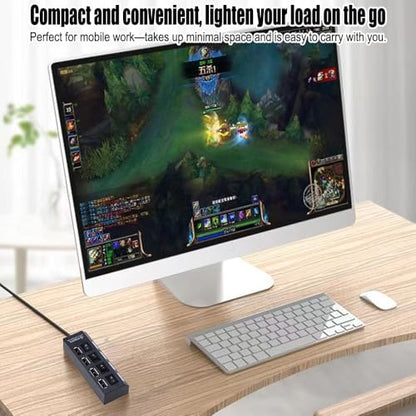 4-Port USB Hub with LED Indicators, 3.0 High-Speed Ports & 7.0 Ports, 5V Powered, Independent Switching for Keyboards, Mice, and Memory Cards, Compact Design for Computer Peripherals