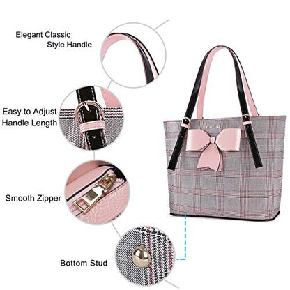 MOSISO Laptop Tote Bag for Women, 15-16 inch Large Tote Bag Compatible with MacBook Air 15 inch/Pro 16 inch, HP Dell Acer Asus, PU Leather Large Capacity Work Tote Bags with Bowknot Grid MO-GID001GYPK