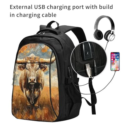 Travel Laptop Backpack With Usb Charging Port - Longhorn Cow Rural Texas Western Pasture Rustic 15.6 Inch Anti-Theft Business Backpack For Men Women, Carry On Bag With Hidden Pocket