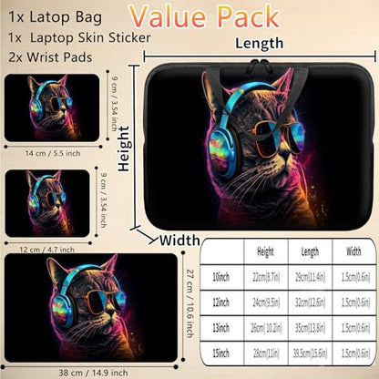 10 inch Laptop Sleeve with Laptop Skin Sticker Set – Slim Protective Case with Smooth Zipper, Lightweight Tablet & Notebook Sleeve for Travel & Daily Carry, Cool Cat with Glasses - color: Cool Cat with Glasses, size: 10 inch