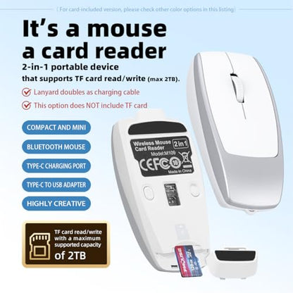 FMOUSE Mini Portable 2-in-1 Wireless Bluetooth Mouse & Micro SD Card Reader | Supports Up to 2TB | USB-C Rechargeable | 3.07×1.49×0.87in | Compatible with Laptop Mac iPad Tablet | Remote Workers | Silver - color: Silver / Without TF Card