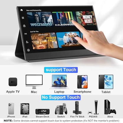 UFYQL 10-Point Touch Portable Monitor, 15.6" 1080P FHD IPS Screen, Aluminum Alloy Body with Smart Protective Cover, Dual USB-C & Mini HDMI Ports, VESA Mount Holes, for Laptop, PC,Phone